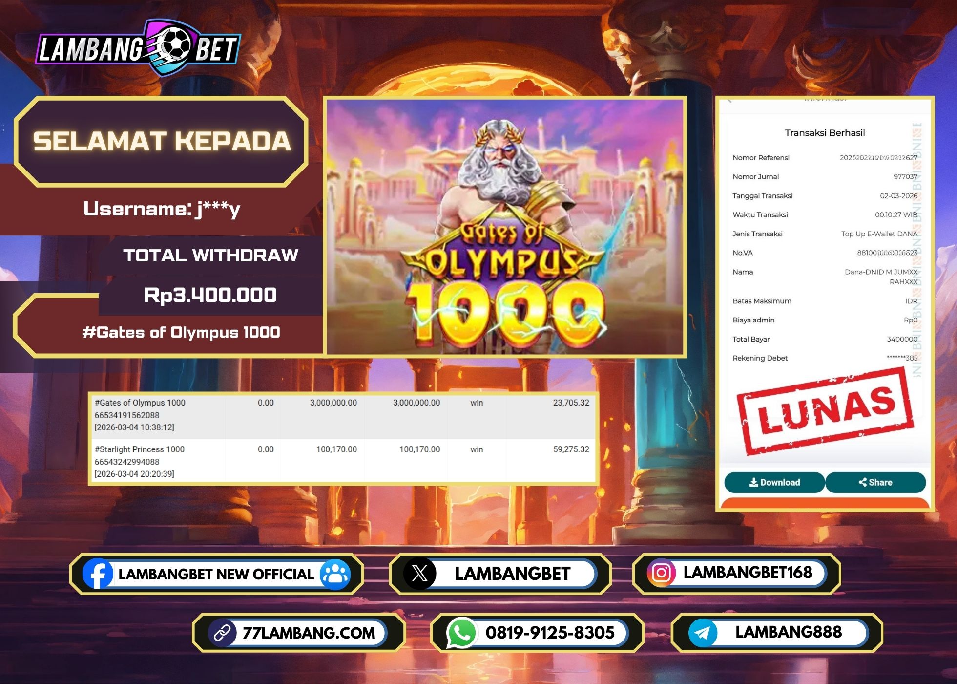LAMBANGBET [2 MARET 2026] JACKPOT SLOT Gates of Olympus 1000 "Rp3.400.000" LUNAS